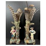 Figural Tree Trunk Spill Vases w/ Feathers