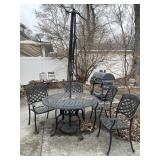Outdoor Metal Chairs, Table, and Umbrella
