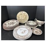 Brown Transferware Plates & Gravy Boat