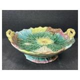 Majolica Style Leaf & Squash Handled Pedestal Bowl
