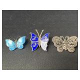 3 Sterling Silver butterfly brooches