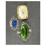 3 Vintage Brooches w/ Mother of Pearl & Stones