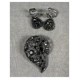 Black Rhinestone mourning Brooch and earrings