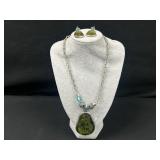 Green Stone Pendant Necklace with Matching