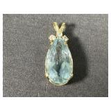 14K Tear Shaped Aquamarine Diamond Like Pendant
