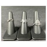 3 Sterling Silver marcasite + gemstone rings