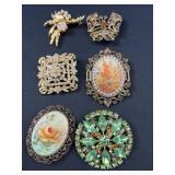 6 Vintage costume brooches - painted, sugar