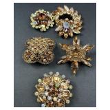 5 Vintage topaz rhinestone brooches