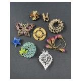 9 Vintage costume jewelry brooches - rhinestone,
