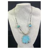 Turquoise Carved Chief Head Pendant Necklace - SS?