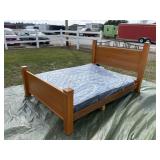 Oak Queen Bed Frame w/ Metal Headboard & Mattress