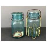 Blue Ball Mason Jars w/ Glass Lids and 1 Carrier
