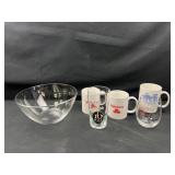 Glass bowl, mugs, and more