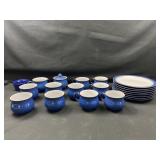 Denby plates, cups, sugar and creamer