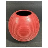 Modern Round Red Leather Ribbed Vase
