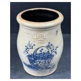 Rowe Pottery Works 1990 Glaze Crock w/ Blue Decor