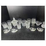 Cut glass cups, candy dishes, and more