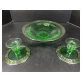 Green Glass Bowl & 3 Candle Holders Silver Overlay
