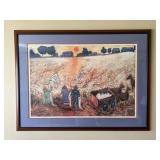 Framed Folk Art Harvest Scene Print