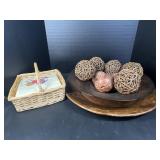Wood Bowl Set & Wicker Basket with Decor Balls