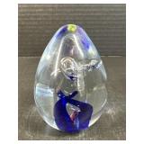 Art Glass Paperweight Blue Swirl & Bubble Design