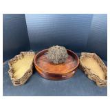 3 Pc Wood Tray & Illinois Shape Wicker Baskets