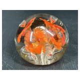Art Glass Paperweight Orange Floral Design