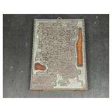 Indiana Map Printing Block Plate on Wood