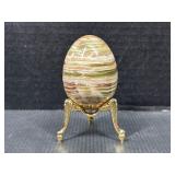 Banded Onyx Stone Egg w/ Ornate Metal Stand