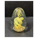 Art Glass Egg Paperweight Yellow Swirl