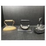 3 Antique Sad Irons & Trivet Set