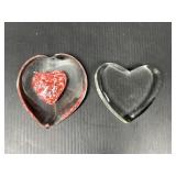 2 Art Glass Heart Paperweights Red & Clear