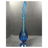 Mid Century Blue Art Glass Swung Vase