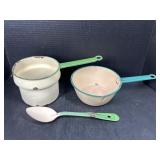 Enamelware pots and Spoon
