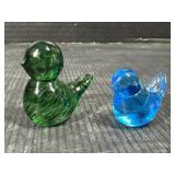 2 Art Glass Bird Figurines Blue & Green