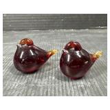 2 Amberina Glass Bird Figurines Set