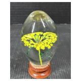 Art Glass Paperweight w/ Yellow Flower & Base