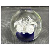Floral Art Glass Paperweight w/ White Bloom