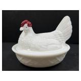 Milk Glass Nesting Hen Covered Dish w Red Comb