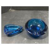 2 Cobalt Blue Glass Ashtrays Round & Triangular