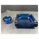 Cobalt Blue Glass Ashtray & Matching Round Holder