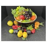 Plastic Fruit and Enamelware bowl