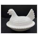 Milk Glass Nesting Hen Covered Dish w Beaded Rim