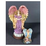 2 Angel Figurines w/ Harp & Child Scene