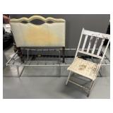 Metal cot frame, headboard, and chair