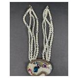 Multi Strand Faux Pearl Necklace w/ Rhinestone