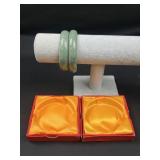 2 Green Jade Bangle Bracelets w/ Boxes