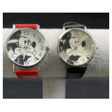 2 Mickey Mouse Character Watches w/ Leather Bands