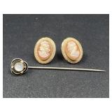 2 Cameo Earrings & Stick Pin Set