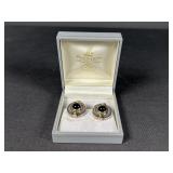 18K Gold & Sterling Silver Onyx Earrings - Signed